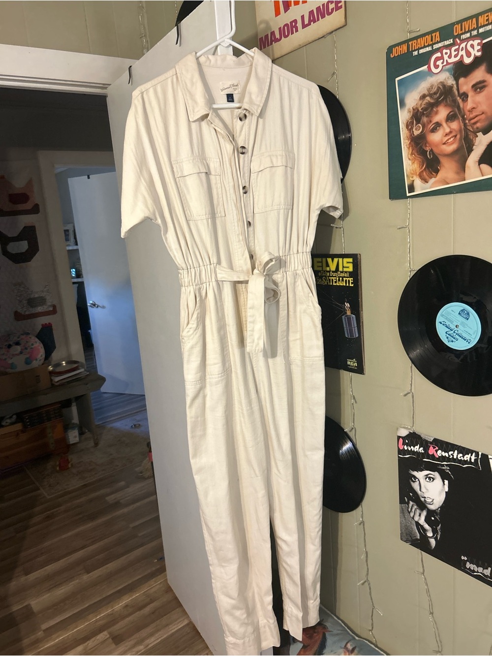 Universal Thread Cream Short-Sleeve Utility Jumpsuit with Tie Waist